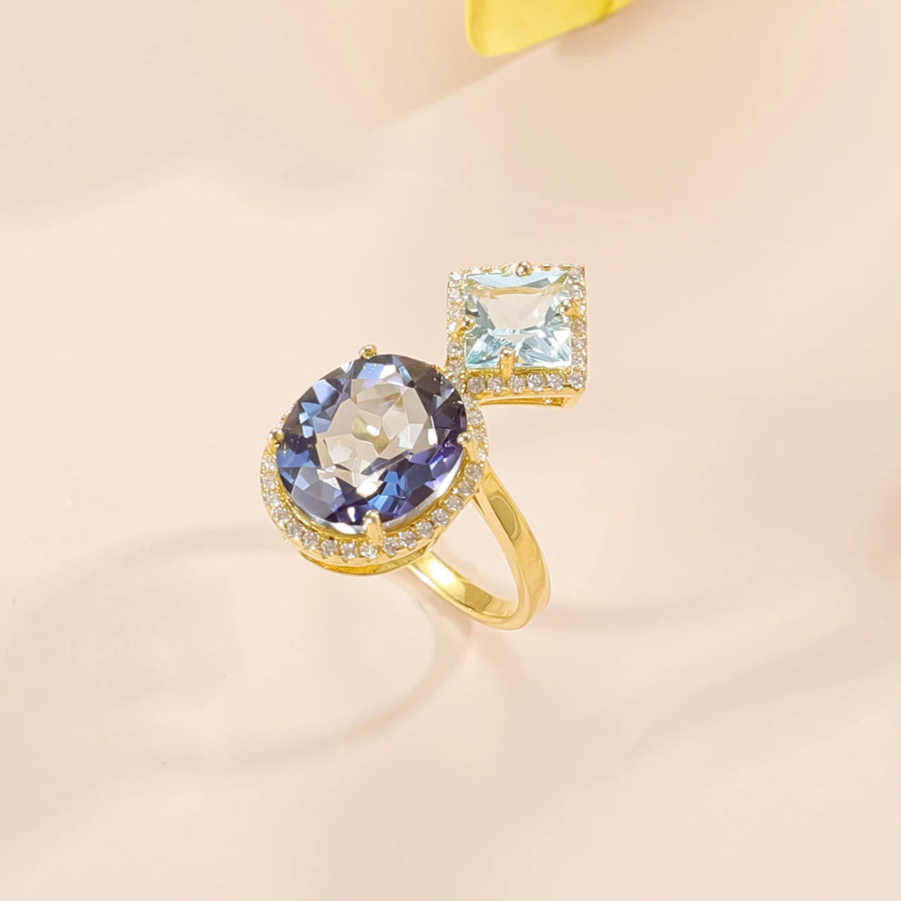 Bague en quartz mystique bleu avec bague de fiançailles deux pierres e