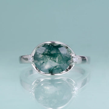 Vintage moss agate ring large stone green moss agate engagement ring silver for women