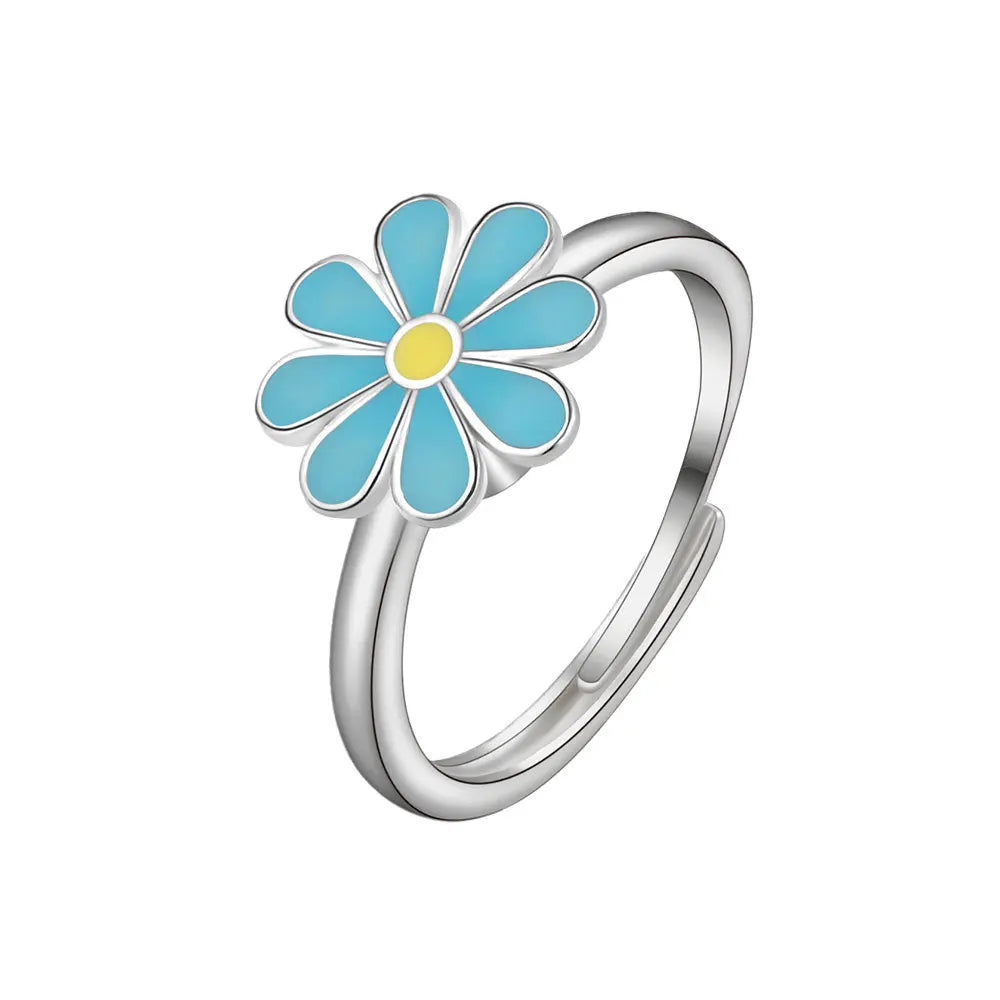 Flower fidget ring sterling silver spinner ring white orange blue Rosery Poetry