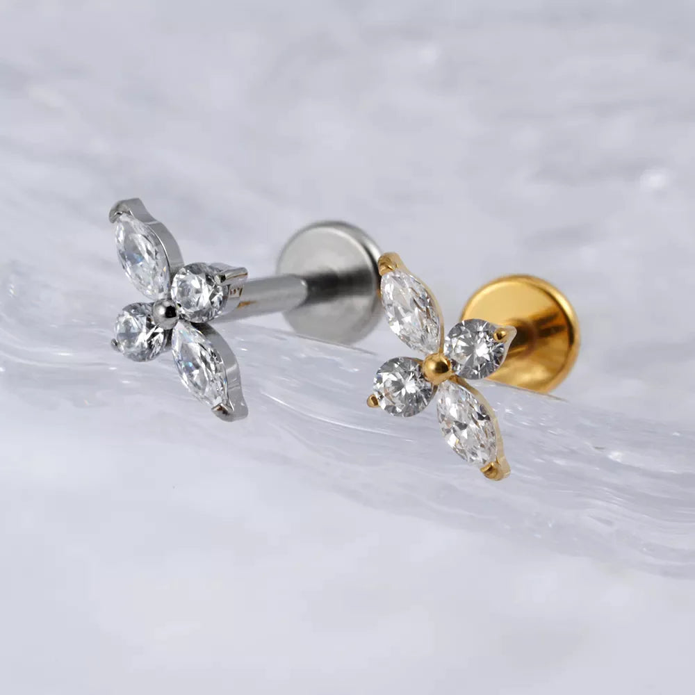 Titanium flat back stud with CZ stones gold silver 16G stud earring nose stud Ashley Piercing Jewelry