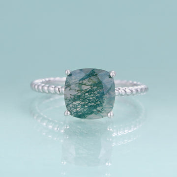 Natural moss agate ring square shape in silver