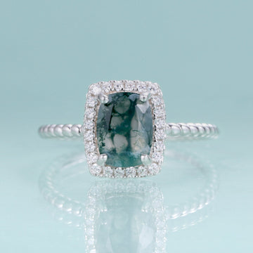 Moss agate engagement ring in silver halo ring rectangle shaped