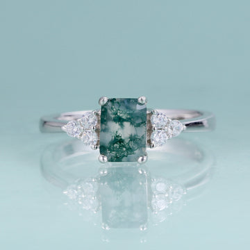 Emerald cut moss agate ring in silver