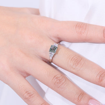 Moss agate ring band baguette ring in silver