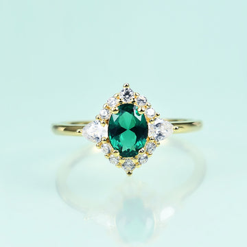 Gold emerald ring with diamonds vintage style engagement ring