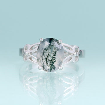 Moss agate ring vintage style oval cut in 925 sterling silver