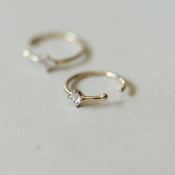 Gold nose ring hoop with diamond cz 14K solid gold
