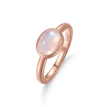 Anel com moldura de pedra da lua com pedra da lua oval anel de ouro rosa anel de mãe