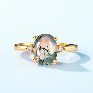 Oval moss agate engagement ring gold and silver with CZ stones green moss agate