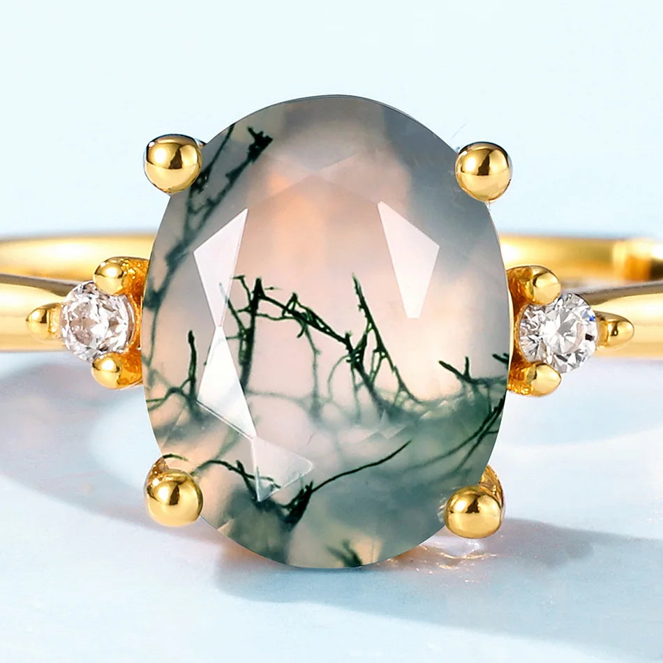 Oval moss agate engagement ring gold and silver with CZ stones green moss agate Rosery Poetry
