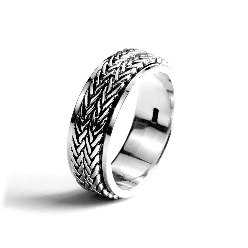 Anel de ansiedade de corrente com padrão de corda anel de ansiedade de prata esterlina para homens estilo vintage