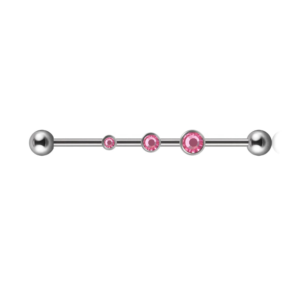 Barra industriale diamantata con 3 pietre CZ rosa blu trasparenti 14G 38 mm titanio