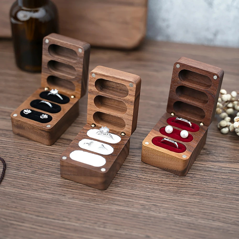 Personalized ring box with 3 slots ring holder walnut wood