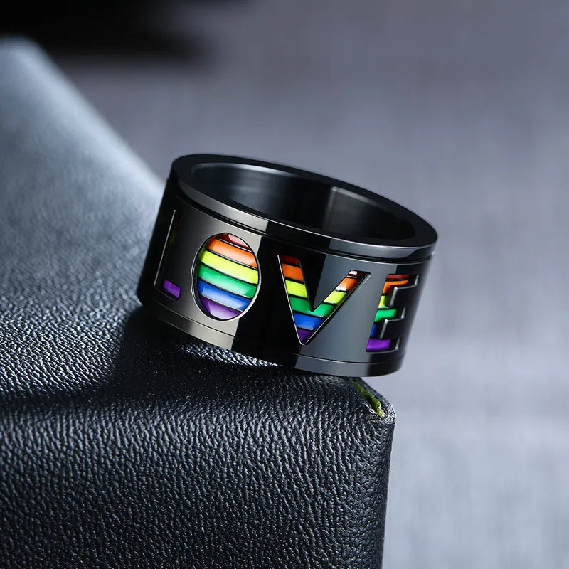 Rainbow anxiety ring LGBTQ stainless steel spinner ring LOVE fidget ring black worry ring Rosery Poetry