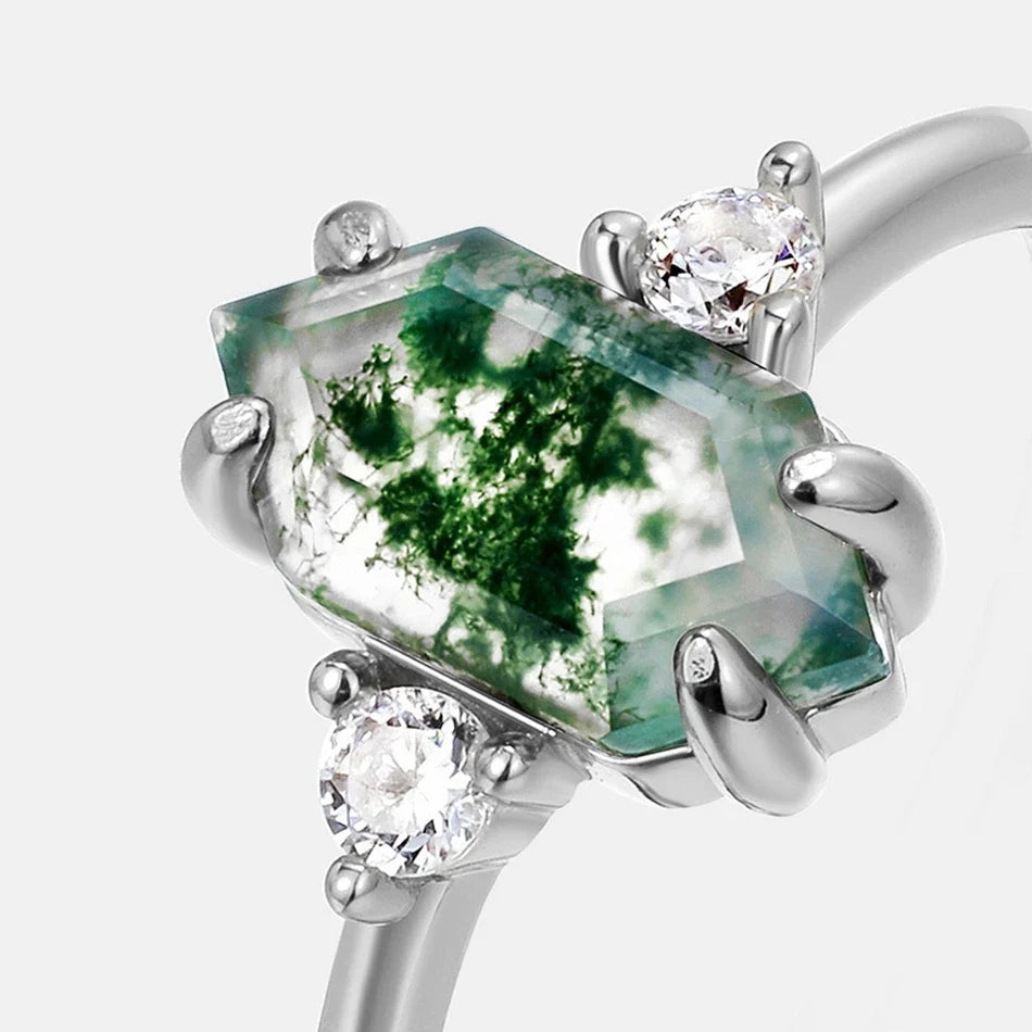 Moss agate ring natural green gemstone sterling silver adjustable sizes Rosery Poetry