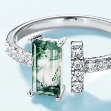 Moss agate baguette ring with CZ stones sterling silver open ring