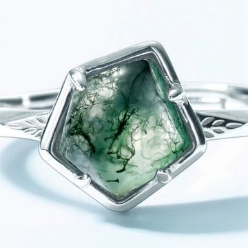 Moss agate bezel ring irregular-shaped simple and dainty sterling silver