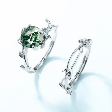 Moss agate leaf ring set wedding ring set sterling silver