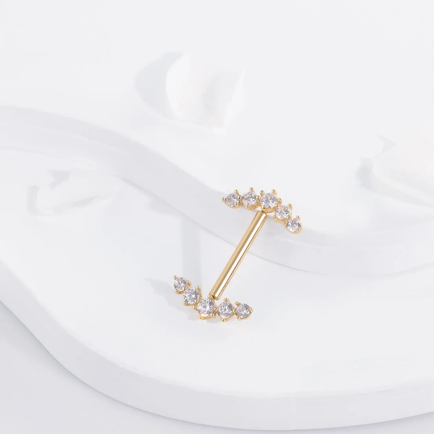 Barra per capezzoli in oro con bilanciere sexy per piercing ai capezzoli in oro massiccio 14K con 5 diamanti CZ