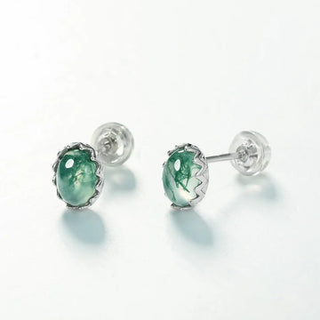 Green moss agate stud earrings oval shape sterling silver