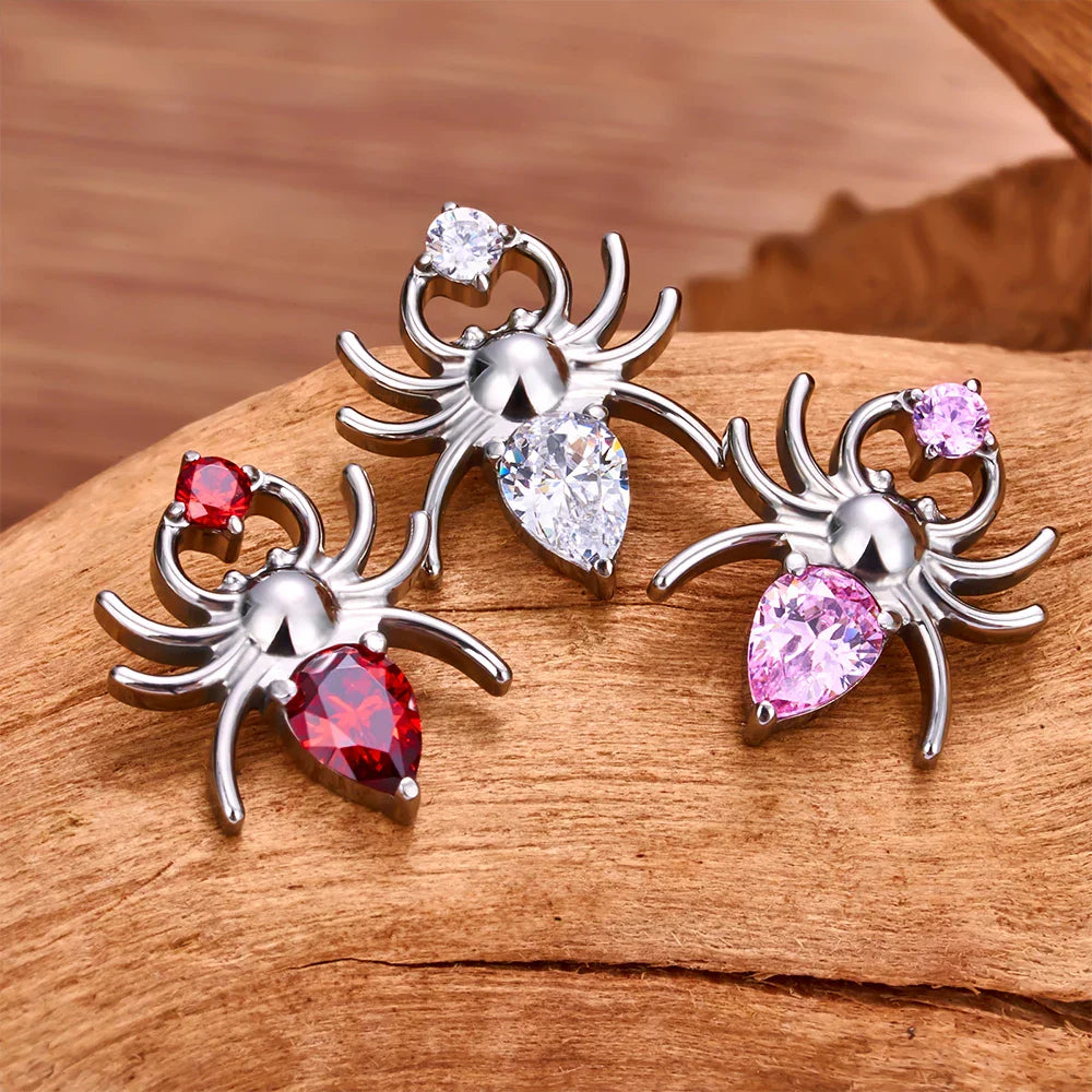 Spider nose stud with a clear pink or red diamond spider stud earring titanium piercing stud