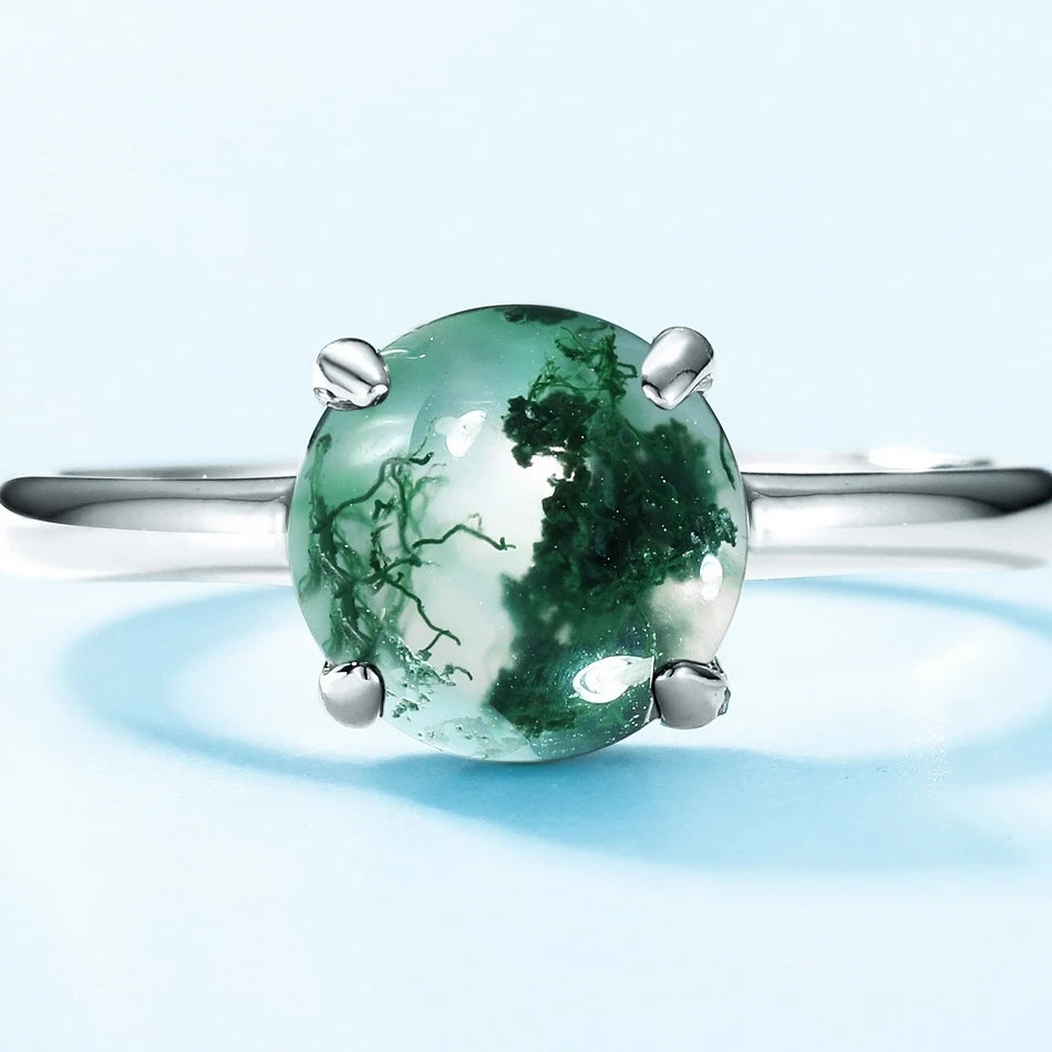 Simple moss agate ring dainty and classic with a round gemstone Rosery Poetry