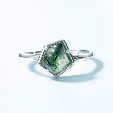 Moss agate bezel ring irregular-shaped simple and dainty sterling silver