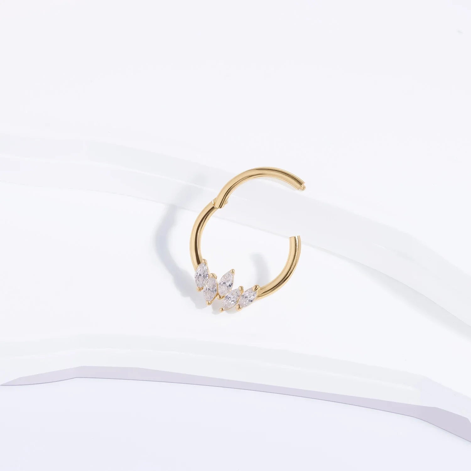 14k gold septum ring with clear CZ stones solid gold hinged segment clicker ring nose ring 16G Ashley Piercing Jewelry