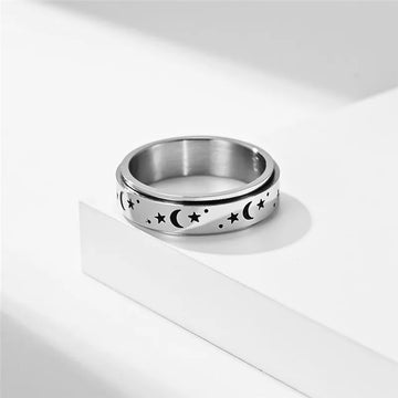 ChicSilver 925 Sterling Silver Anxiety Spinner Ring - Moon & Star Design, Size 11, Boho Handmade