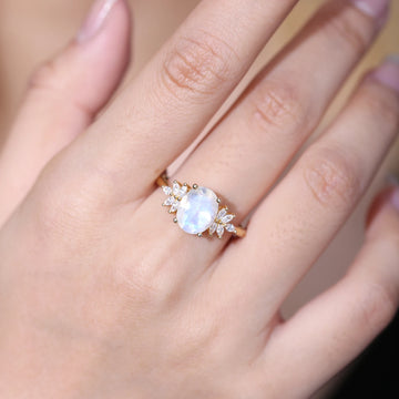 Moonstone wedding ring with a real moon stone and diamond cz