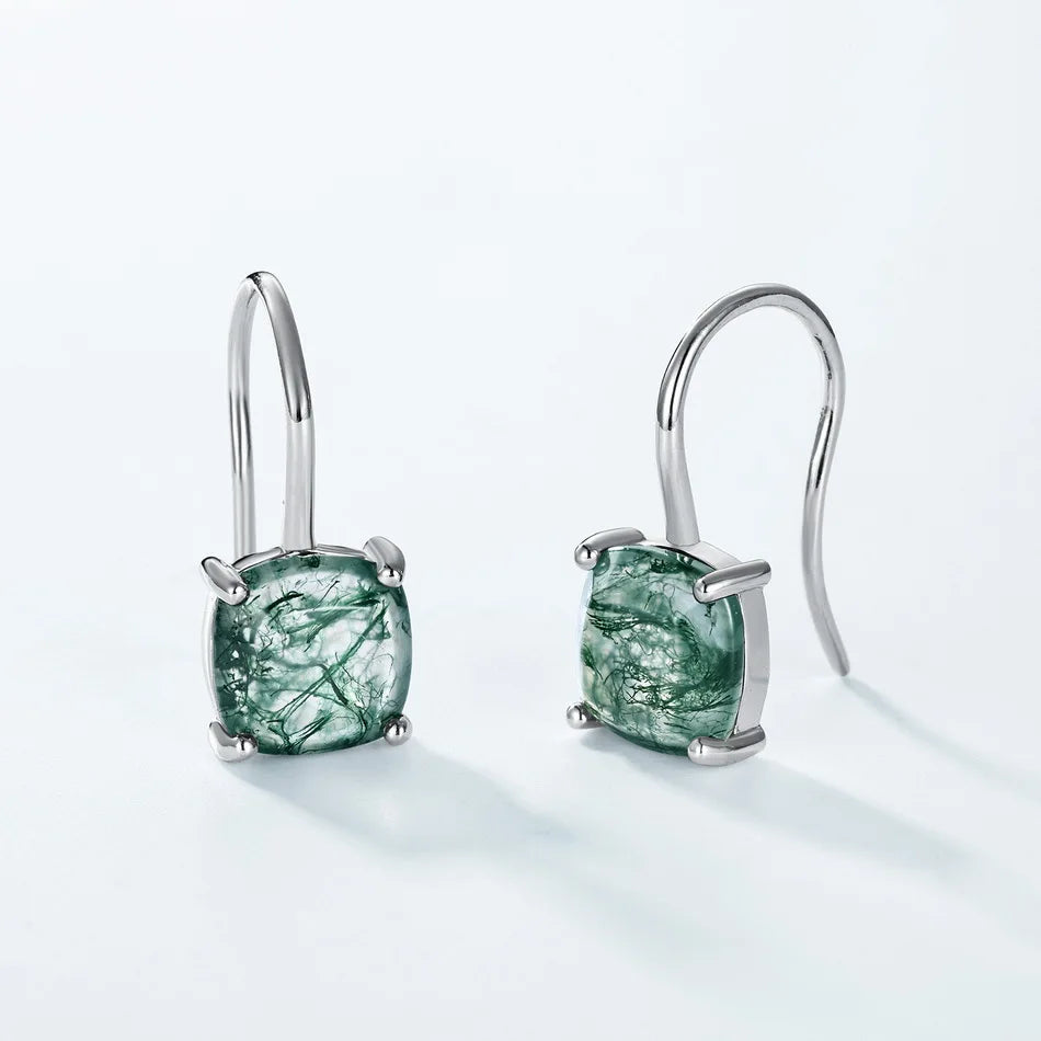 Moss agate drop earrings silver with square moss agate simple and dainty sterling silver