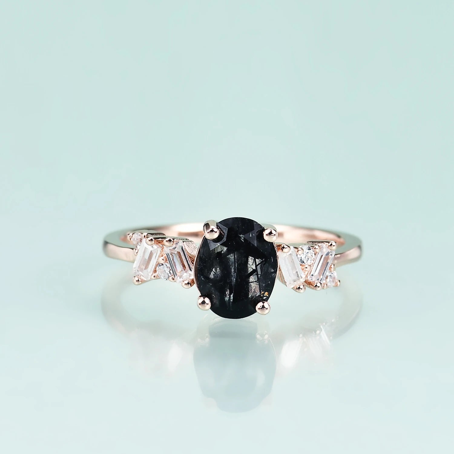 Black rutile quartz ring 14k rose gold unique and affordable engagement ring oval cut