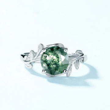 Moss agate leaf ring with a round moss agate sterling silver