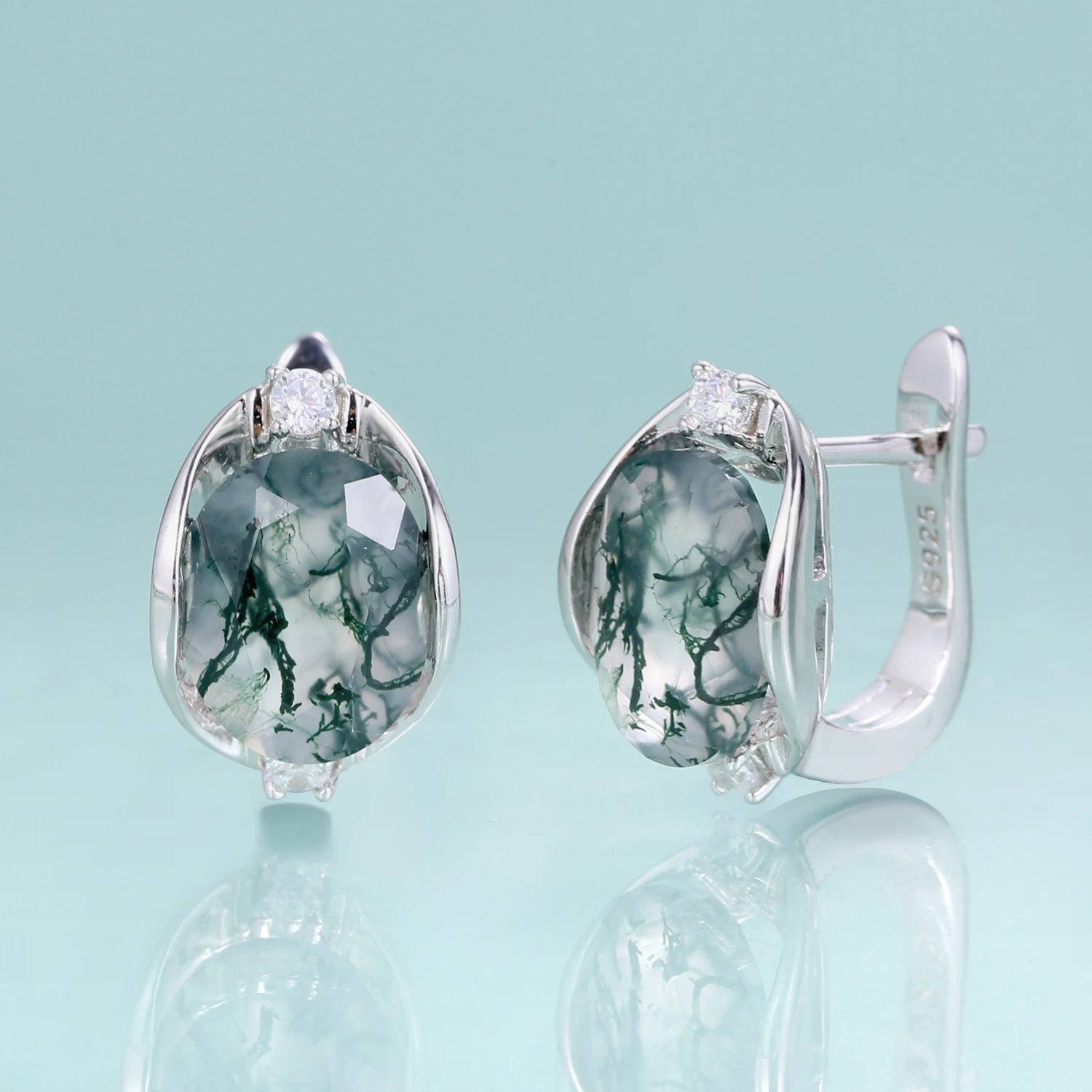 Moss agate silver earrings with natural oval moss agate gemstones and diamond cz stones