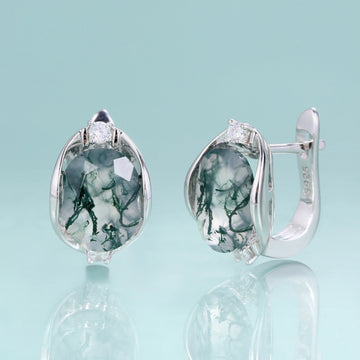 Moss agate silver earrings with natural oval moss agate gemstones and diamond cz stones