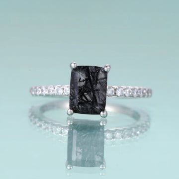 Rutilated quartz ring sterling silver emerald cut