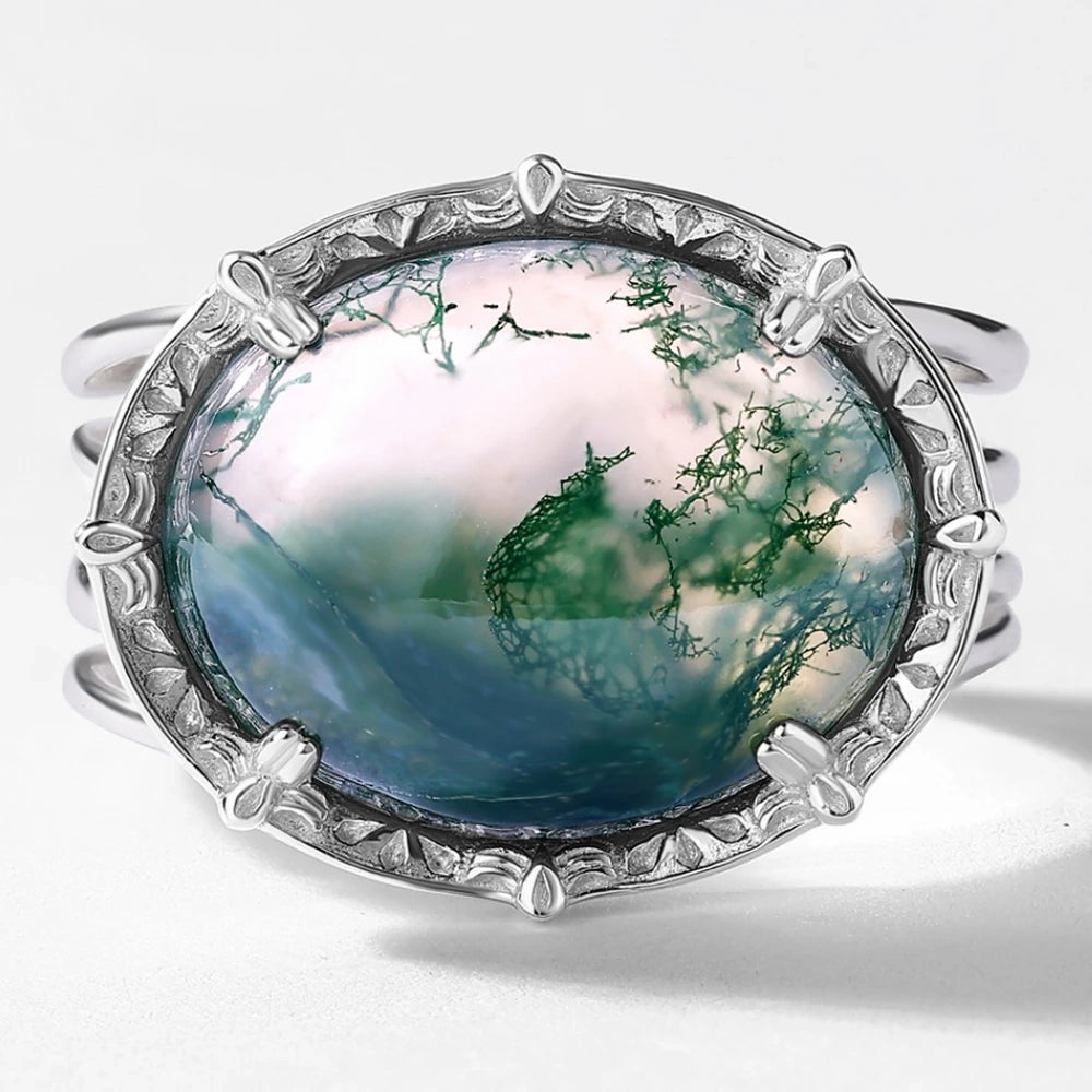 Large moss agate ring sterling silver open ring for women and for men vintage style Rosery Poetry