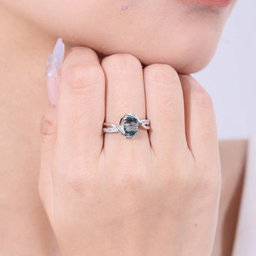 Anello di fidanzamento con agata muschiata e diamanti Anello di fidanzamento ovale in argento sterling con agata muschiata