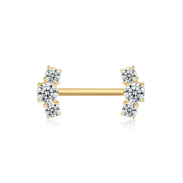 Barra de pezón de oro de 14k con lindo piercing de pezón de oro real con circonita cúbica de 3 diamantes