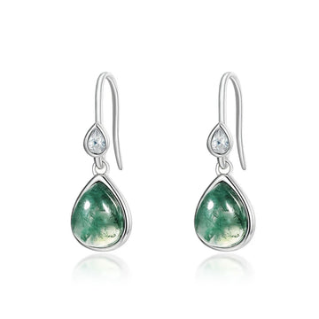 Boucles d'oreilles en agate verte avec agate mousse en forme de poire en argent sterling