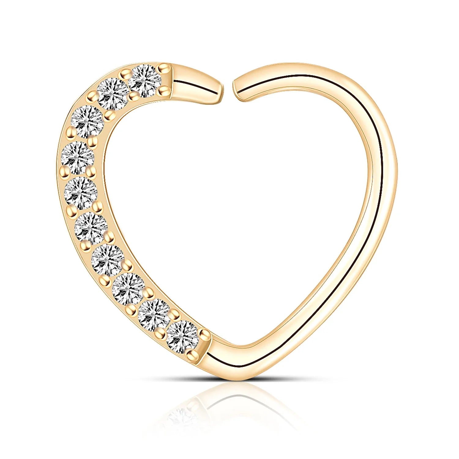 14k gold heart ring with diamonds daith earring with clear CZ stones solid gold Ashley Piercing Jewelry