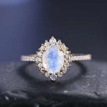 Gold moonstone ring with diamond cz and a real moonstone