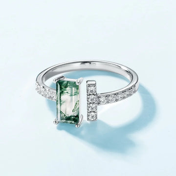 Moss agate baguette ring with CZ stones sterling silver open ring