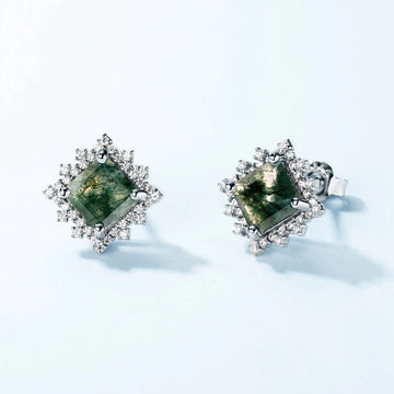 Moss agate stud earrings with square moss agate and clear cz sterling silver