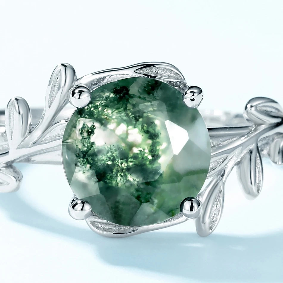 Moss agate leaf ring with a round moss agate sterling silver Rosery Poetry
