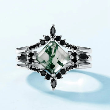 Unique moss agate engagement ring set with black CZ stones sterling silver Rosery Poetry