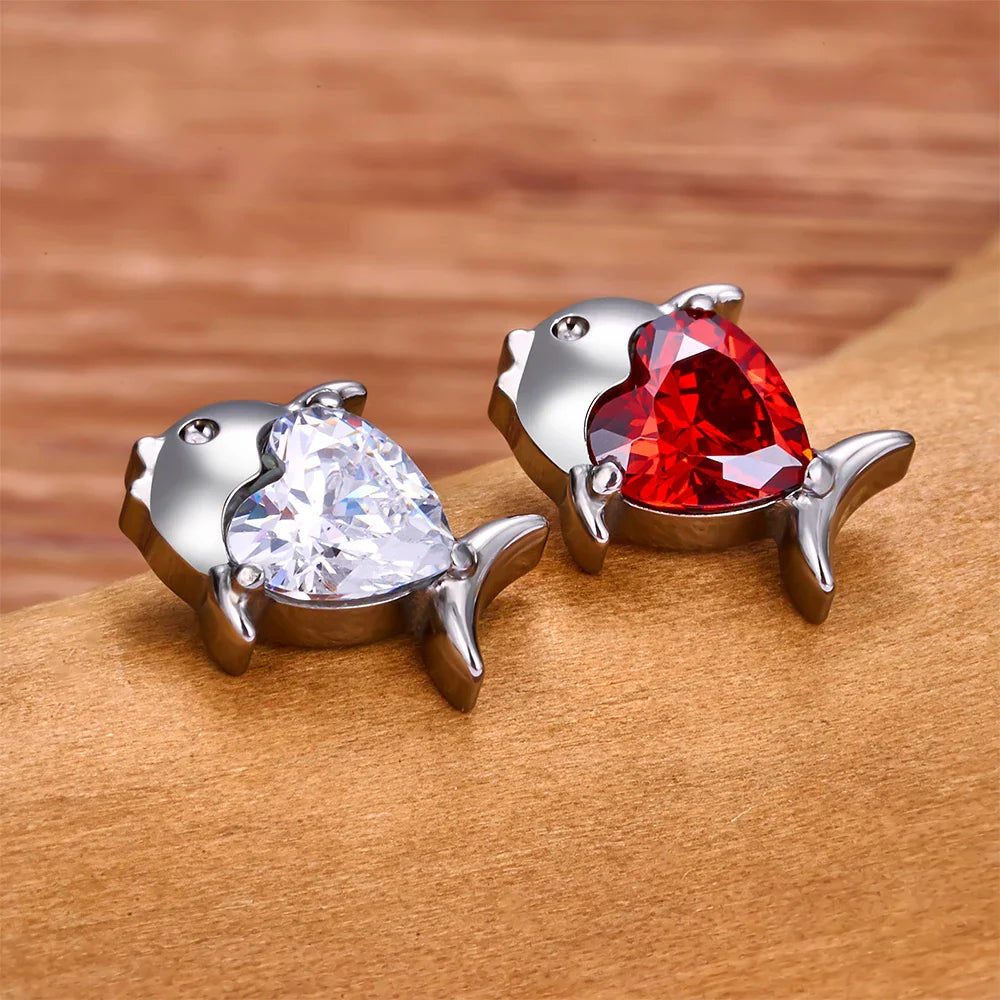 Fish stud with clear or red CZ titanium fish earring stud nose stud