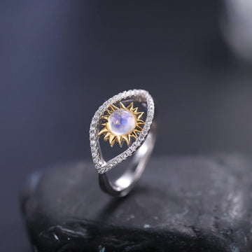 Evil eye ring with a natural moonstone unique adjustable ring