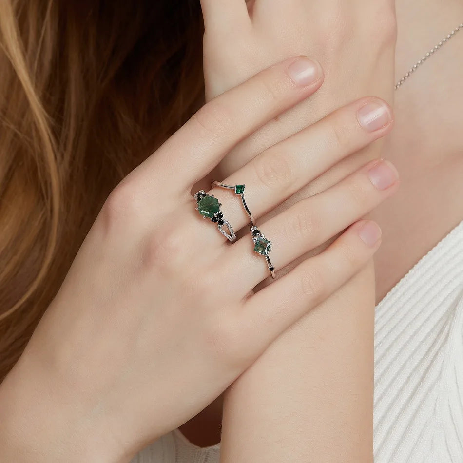 Moss agate stone ring with black CZ stones dainty and elegant for women Rosery Poetry