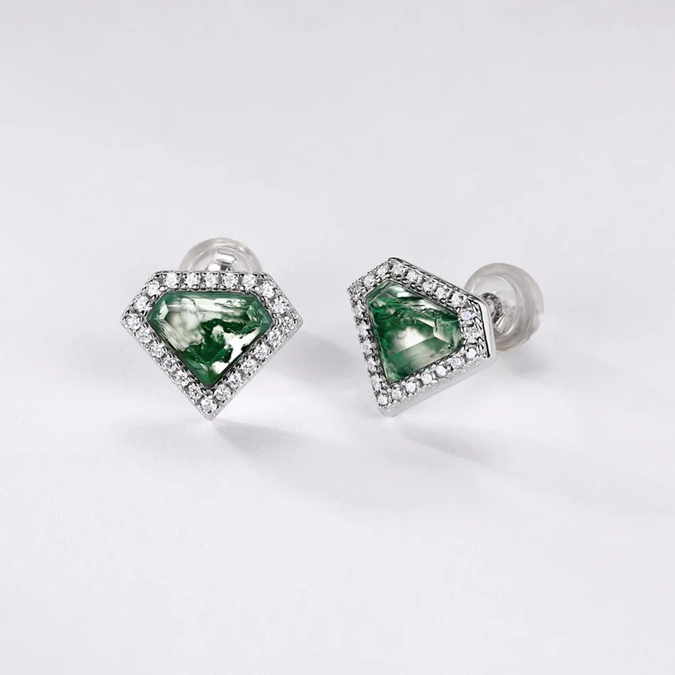 Moss agate stud earrings with diamond shaped moss agate and clear cz stones